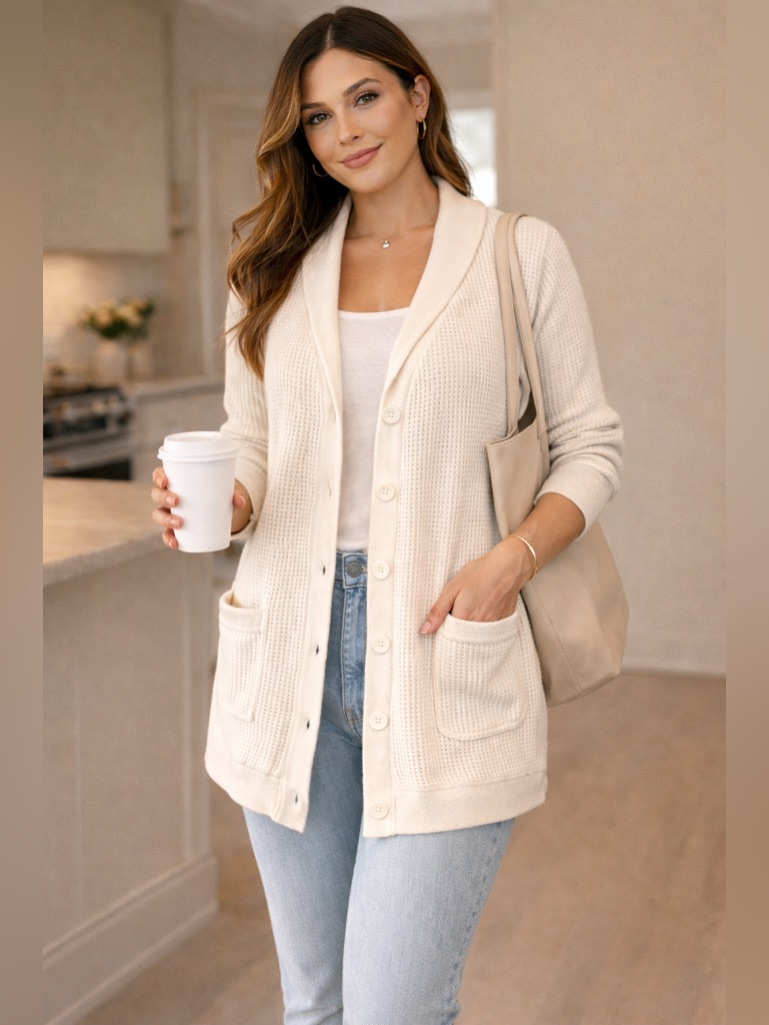 Stateside Luxe Thermal Cardigan Cream Supima Cotton Shawl Collar Minimalist S